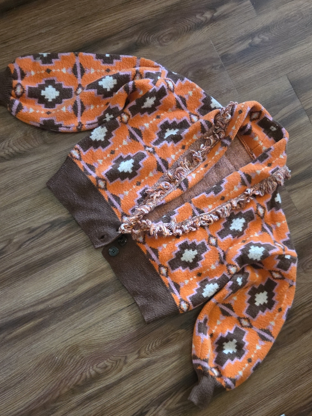 Cider Crop Orange & Brown Southwestern Fringe Cardigan Jacket Size Large